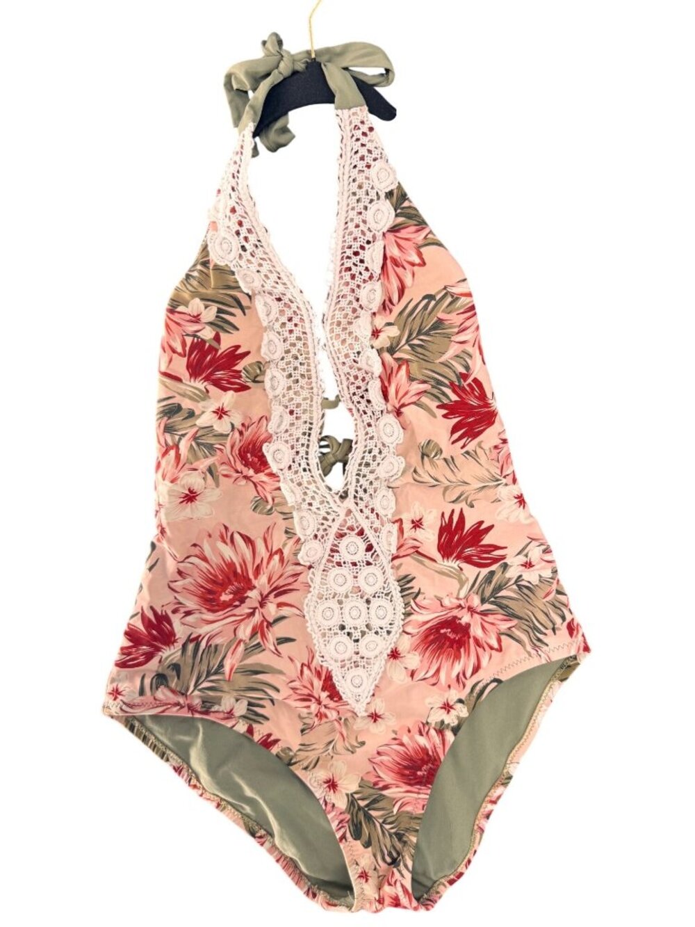 Kona Sol Womens Floral Cut Out One-Piece Swimsuit With Lace Halter Neck Size M